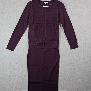 Parker Womens Tight-Knit Cut Out Long Sleeve Top Knee Length Skirt Set Burgundy